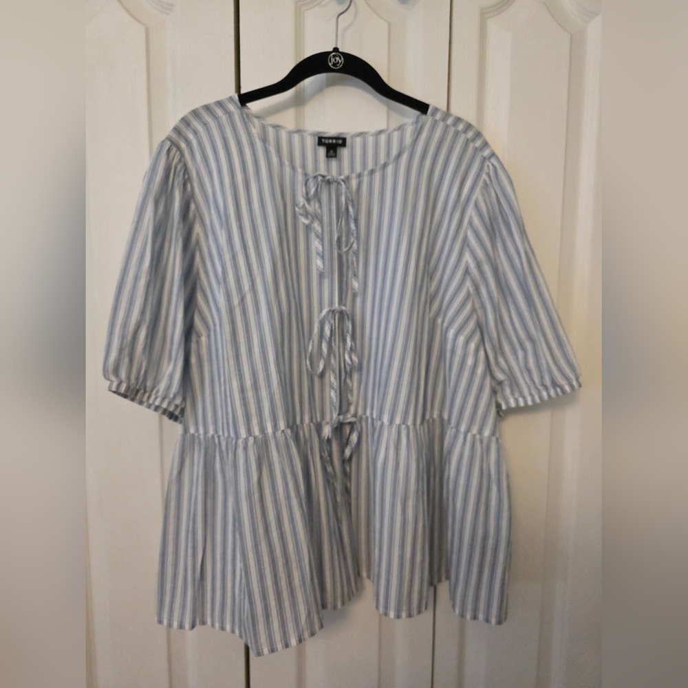 TORRID Belle Isle 100% Cotton Blue and White Striped Peplum Blouse